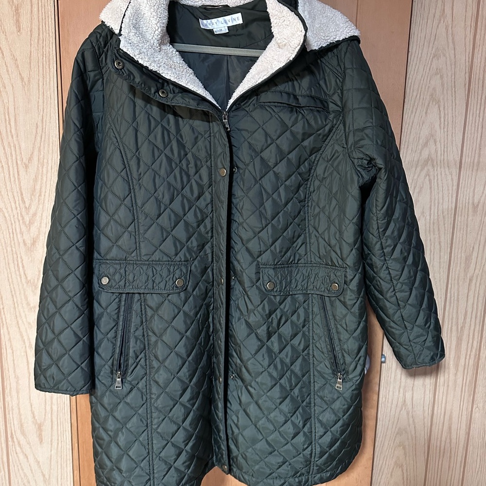 Larry Levine Olive Quilted Utility Jacket with Sherpa Collar